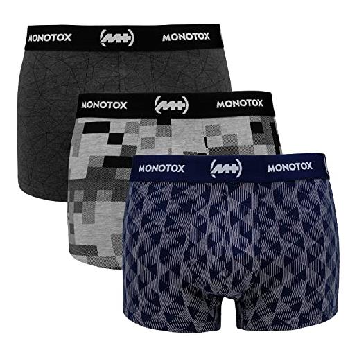 MONOTOX boxer da uomo basic, in cotone, stile retrò, confezione da 3 pezzi, da uomo, traspiranti, motivo geometrico: 1 grigio scuro, 1 grigio, 1 blu marino, l