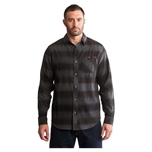 Timberland woodfort mid-weight flannel work shirt camicia button down da lavoro, kittery stripe black, l uomo