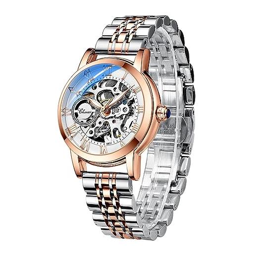 FORSINING orologio meccanico automatico da donna, con cinturino in acciaio inossidabile color oro rosa, quadrante scheletrato, elegante orologio da polso da donna, 88303, bracciale
