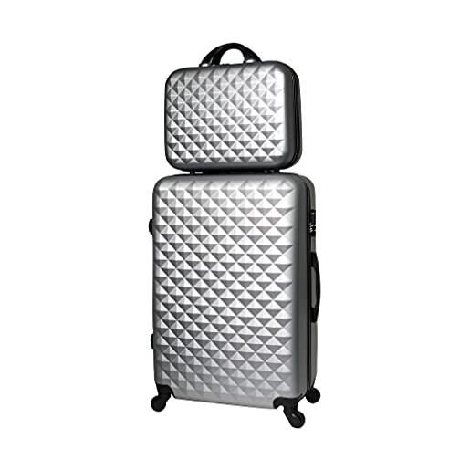 CELIMS - valigia da viaggio con ruote girevoli, 360 gradi, grigio, grande 73cm + vanity case, custodia rigida