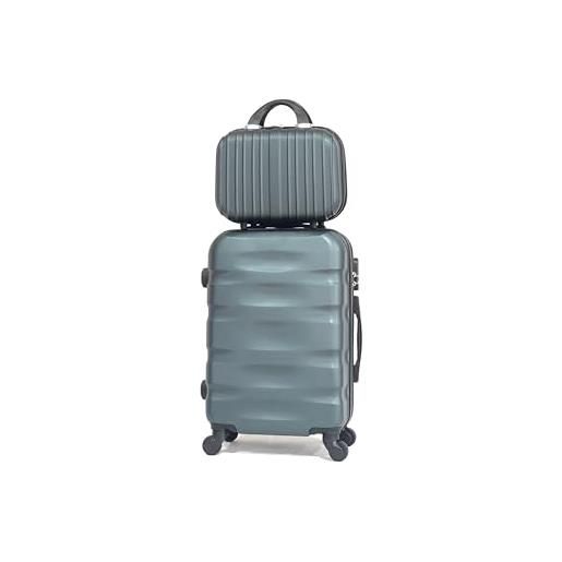 CELIMS valigia in abs, rigida, resistente, leggera, con 4 ruote girevoli a 360° e lucchetto integrato, verde scuro, cabine + vanity