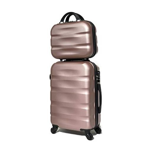 CELIMS valigia in abs, rigida, resistente, leggera, con 4 ruote girevoli a 360° e lucchetto integrato, oro rosa. , cabine + vanity