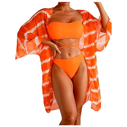Generic set bikini per donna bikini a vita media 2023 sexy 3 pezzi stampe bikini set cover up manica lunga push up costumi da bagno beach wear costume da bagno, arancione, m