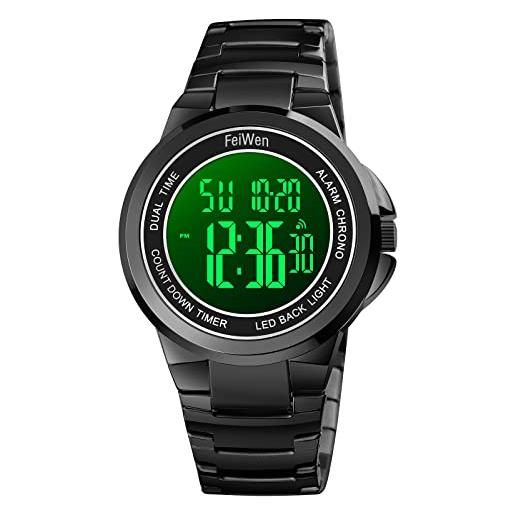 FeiWen uomo fashion sport orologi led elettronico allarme cronometro multifunzione doppio tempo casual digitale acciaio inox orologio da polso (nero)