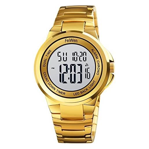 FeiWen uomo fashion sport orologi led elettronico allarme cronometro multifunzione doppio tempo casual digitale acciaio inox orologio da polso (bianco dorato)