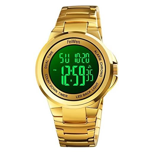 FeiWen uomo fashion sport orologi led elettronico allarme cronometro multifunzione doppio tempo casual digitale acciaio inox orologio da polso (nero dorato)