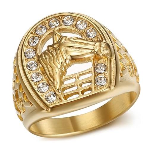 BOBIJOO JEWELRY - anello con sigillo testa a ferro di cavallo camargue gypsy elvis acciaio dorato strass placcato oro - 29 (13 us), d'oro - acciaio inossidabile 316