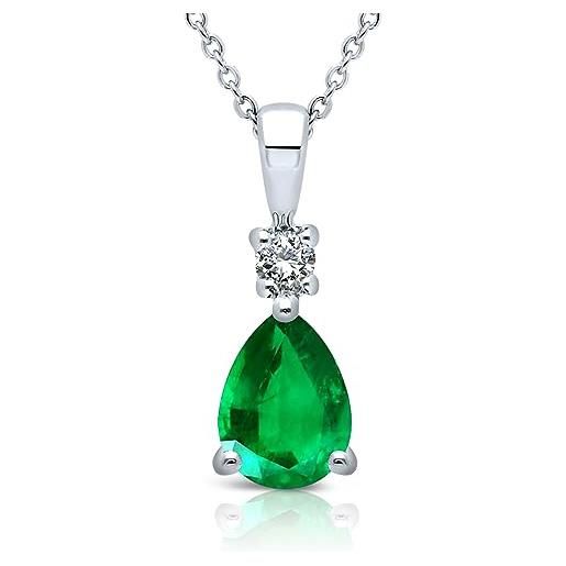 Planetys collana da donna in oro bianco 375/1000 smeraldo naturale, taglio pera e diamante, oro, smeraldo diamante