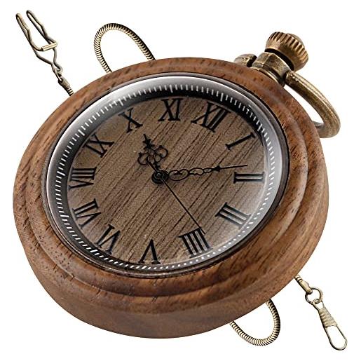 Tiong orologio da tasca al quarzo in legno unico con catena numeri romani orologio da tasca in legno ciondolo vintage per gli uomini migliori regali con scatola, marrone scuro, classico