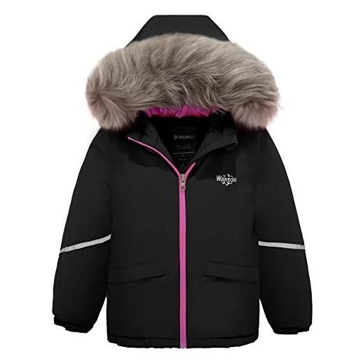 Wantdo giacca da sci caldo invernale cappotto da snowboard con cappuccio antivento parka da neve impermeabile giubbotto da montagna outdoor bambina nero 128-134