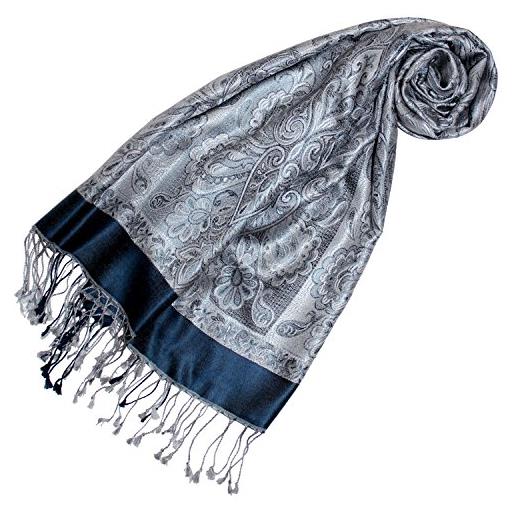 Lorenzo cana sciarpa pashmina da donna in tessuto jacquard 100% seta, 70 x 190 cm, sciarpa in seta paisley, blu