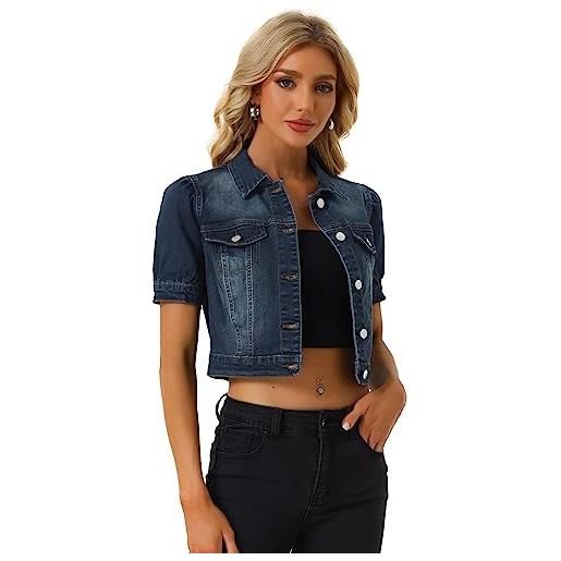Allegra K giacca in denim lavato da donna con chiusura a bottoni a sbuffo manica corta crop jeans top, blu scuro, xl