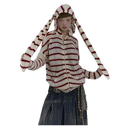 PDYLZWZY maglione da donna y2k con cappuccio e zip up a righe lunghe con cappuccio a maniche lunghe cardigan fata grunge giacche vintage harajuku maglione a maglia, red stripe, l