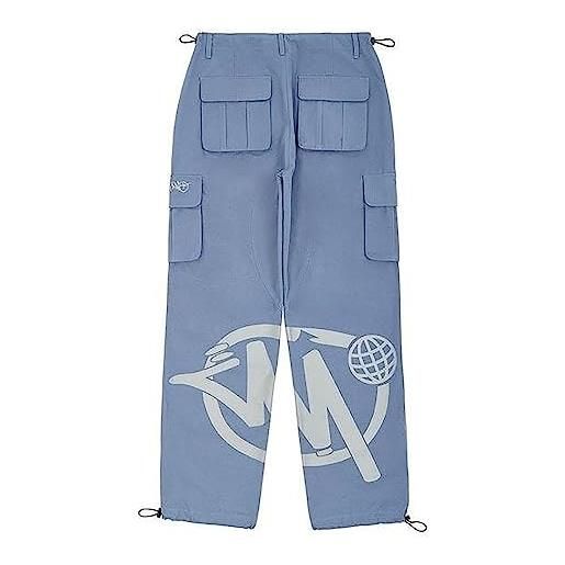TROONZ minus two cargo pants y2k men's rock loose joggers trousers overalls high waist baggy pants new hip hop streetwear, blu, xl