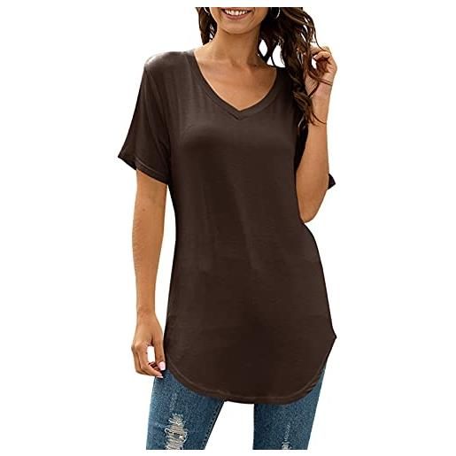 SHHMA maglietta da donna t-shirt top camicia manica maniche corte larghe a coda di rondine con scollo a v, marrone, xxl