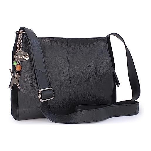 Catwalk Collection Handbags - vera pelle - borse a tracolla/borsa a mano/messenger/borsetta donna - con ciondolo a forma di gatto - charlotte - nero
