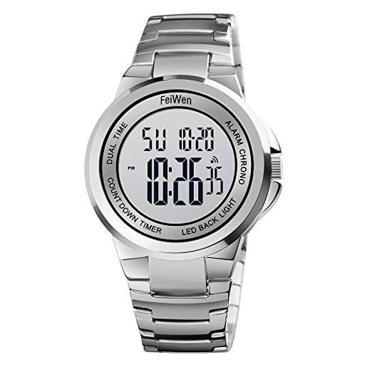 FeiWen uomo fashion sport orologi led elettronico allarme cronometro multifunzione doppio tempo casual digitale acciaio inox orologio da polso (bianco argento)