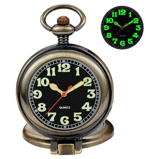 Tiong orologio da tasca al quarzo con quadrante luminoso, in acciaio inox, con cinturino in acciaio inox, colore: argento/nero/bronzo, con catena, 42-bronzo