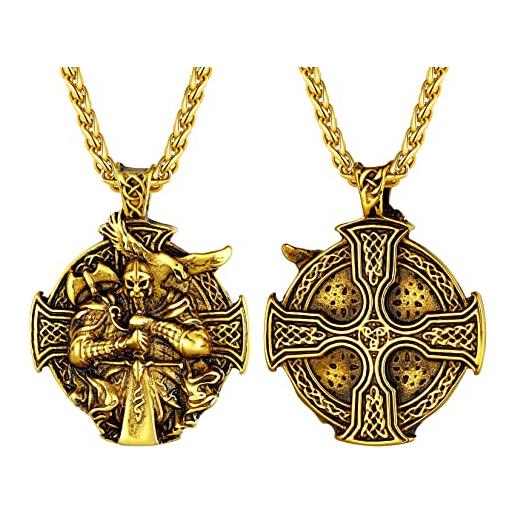 U7 croce rotonda collana uomo con nodo celtico, 55+5 cm regolabile catena ciondoli per collane uomo, oro collana vichinga uomo in acciaio, gioielii di moda regalo per adulti