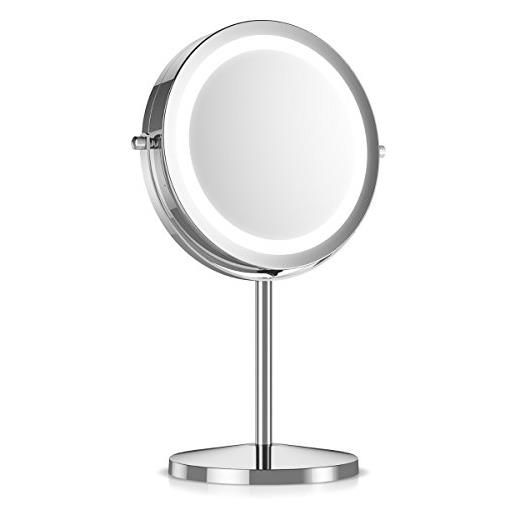 Navaris specchio ingrandente rotondo con led - ingranditore 5x per il trucco rasatura da appoggio con luce integrata 17 led - girevole 360° argento