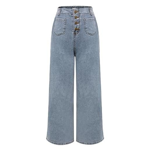 Belle Poque jeans da donna a gamba larga, a vita alta, elasticizzati, vintage, in denim, con tasche, nero , m