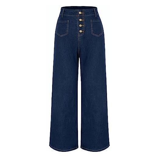 Belle Poque jeans da donna a gamba larga, a vita alta, elasticizzati, vintage, in denim, con tasche, nero , xl