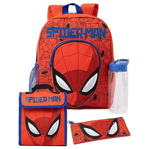 Marvel spider-man 4 pezzi zaino set bambini | ragazzi ragazze supereroe ragno web maschera red rucksack lunch bag pencil case water bottle regali per borse per il ritorno a scuola