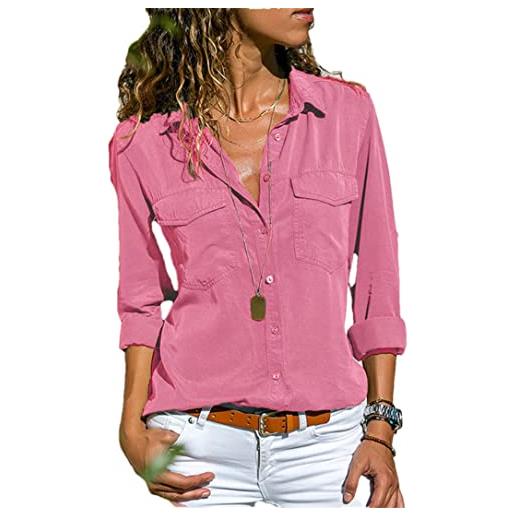 Adhdyuud camicie a maniche lunghe vintage da donna camicia con bottoni tinta unita casual autunno outwear top streetwear, rosa, m