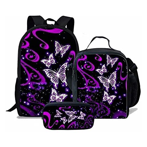 NETILGEN galaxy viola farfalla modello zaino insultato pranzo borse termiche bambini portamatite borse 3 pezzi per le donne bambini adolescenti ragazze ragazzi penne borse