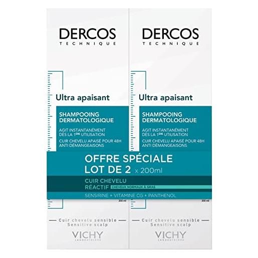 Vichy dercos, shampoo ultra lenitivo per capelli normali o grassi, 2 x 200 ml