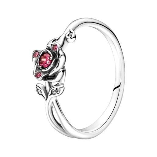 Pandora disney anello de la bella e la bestia in argento sterling rosa con zirconi cubici rossi e trasparenti, 58
