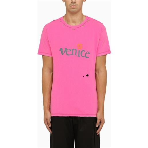 ERL t-shirt girocollo rosa con usure
