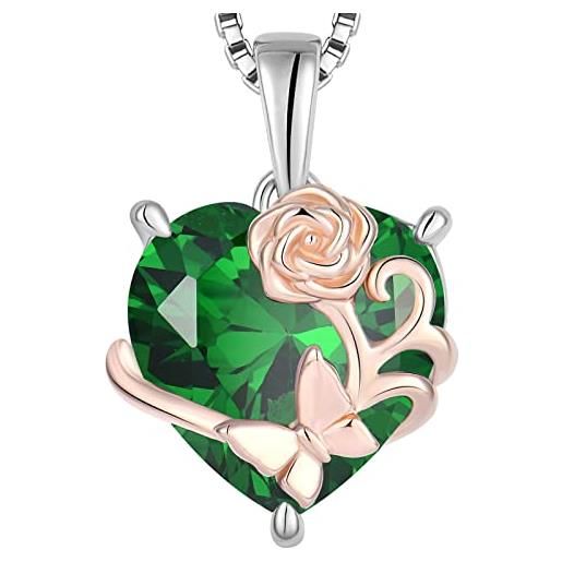 YL collana rosa cuore in argento 925 con ciondolo da donna con pietra portafortuna smeraldo