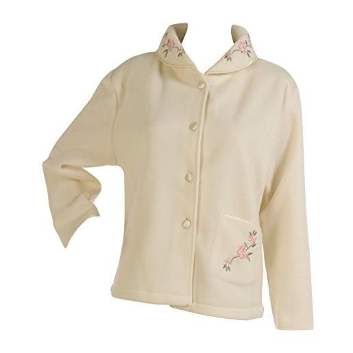 Slenderella - giacca da letto da donna in morbido pile con bottoni e dettagli ricamati, motivo floreale, disponibile in vari colori vaniglia. 52-54