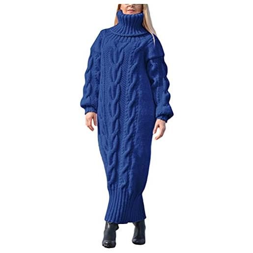 Minetom donna maglione vestito collo alto maniche lunghe slim aderente maxi bito invernali pullover lungo vestiti a blu xs