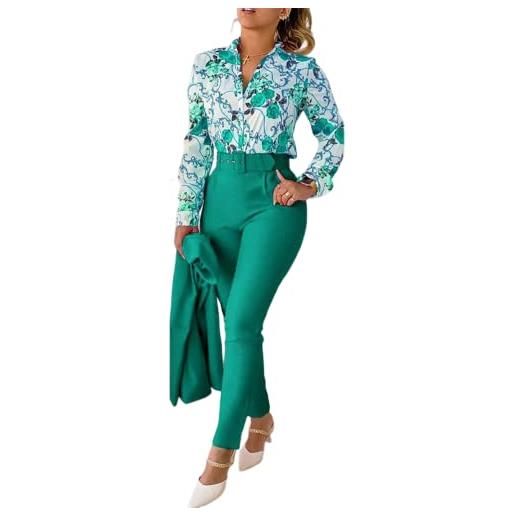 shownicer completo due pezzi da donna moda maniche lunghe camicie stampate e pantaloni set 2 pezzi tuta business ol formale per ufficio lavoro casual outfit a verde m