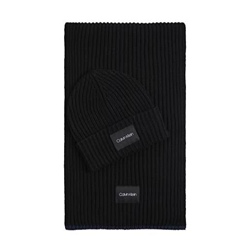 Calvin Klein beanie+sciarpa con bordo a contrasto cappello, ck black, taglia unica (pacco da 2) uomo