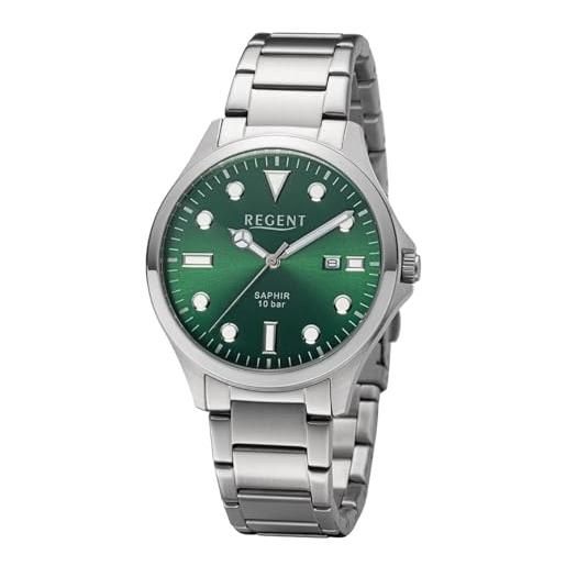 REGENT orologio da uomo con cinturino a maglie datario, 10 atm, vetro zaffiro f-1455, acciaio verde