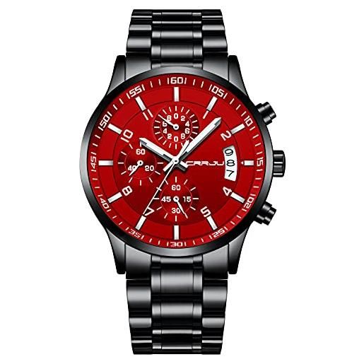 CRRJU - orologio da polso da uomo, in acciaio inox, impermeabile, con data, cronografo, cinturino in acciaio inox, impermeabile, nero e rosso, 