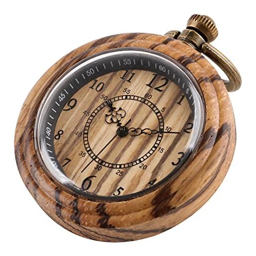 Tiong orologio da tasca al quarzo classico in legno con design a faccia aperta, ciondolo steampunk per regali di natale di compleanno e confezione regalo, marrone, classico