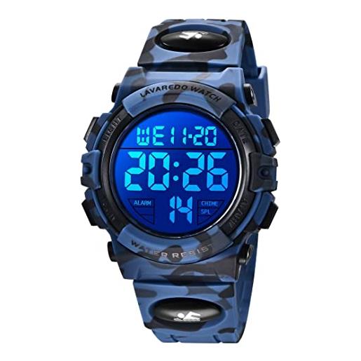 aswan watch orologio digitale bambino con sveglia, cronometro, data, luce led-orologio da polso ragazzo con cinturino in silicone-blu, s/m
