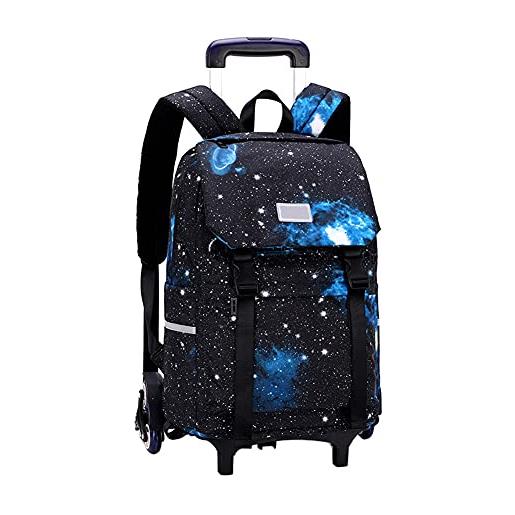 BOZONLI zaino trolley borsa da scuola trolley sacchetto di scuola di rotolamento per ragazzi e ragazze borsa portatile viaggio (blu stellato)