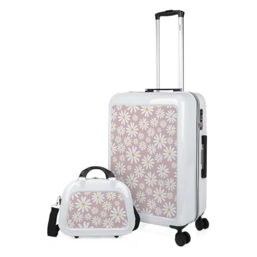 SKPAT - set valigia media e valigia bagaglio a mano. Set valigie rigide per viaggi aereo - set trolley valigia rigida - set valigie rigide con lucchetto 133665b, margherite bianco-rosa