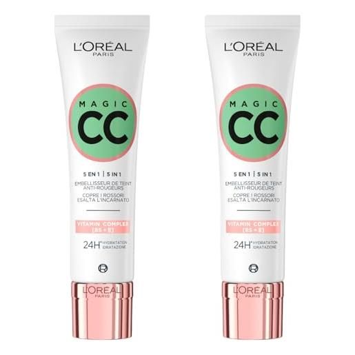 L'Oréal Paris magic cc cream 24h crema idratante colore verde anti-rossore effetto pelle vellutata a lunga durata 5in1 universal shade - 2 flaconi da 30ml