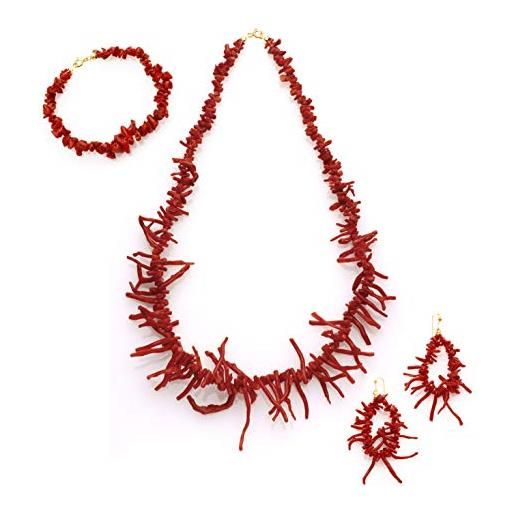 Antonino De Simone set frangia in corallo rosso del mediterraneo composto da collana, bracciale e orecchini montati in argento dorato 925. (collana+orecchini+bracciale, argento dorato 925)