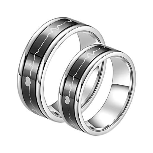 Homxi fedi nuziali incisione, anelli coppia fidanzati acciaio inossidabile spinner anello 7mm nero argento anello con battito cardiaco coppia fedi nuziali donna 12(52mm) + uomo 20(60mm)