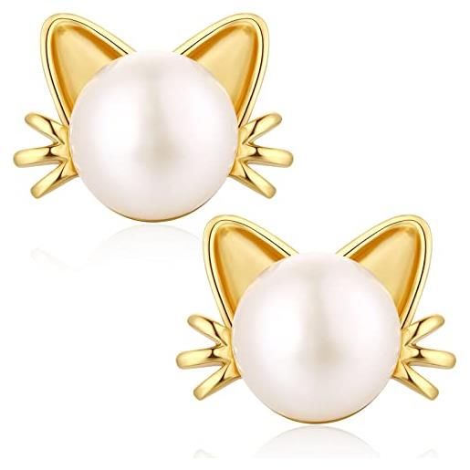 jiamiaoi orecchini gatto perla orecchini a forma di gatto oro, in argento 925, orecchini perla di acqua dolce e gatti, 7,5 mm