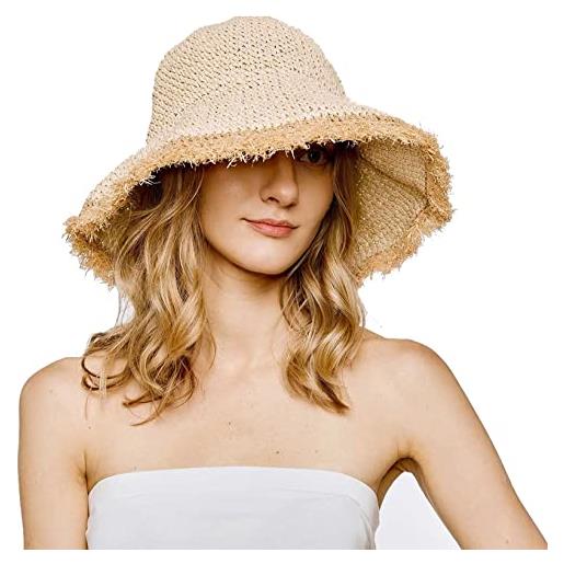 JowTreex cappello da sole in paglia floscia, da donna, pieghevole, a tesa larga, estivo, da spiaggia, all'uncinetto, sfilacciato, cachi, m