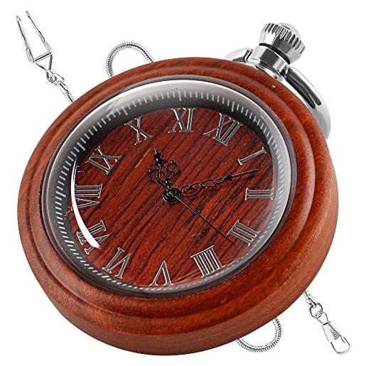 Tiong classico orologio da tasca in legno al quarzo con design a faccia aperta, ciondolo in legno steampunk per festa del papà, compleanno, rosso marrone, classico