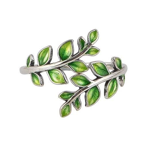ForFox anello a foglia smaltata verde in argento sterling 925 anello di foglie cloisonne per donna aperto regolabile